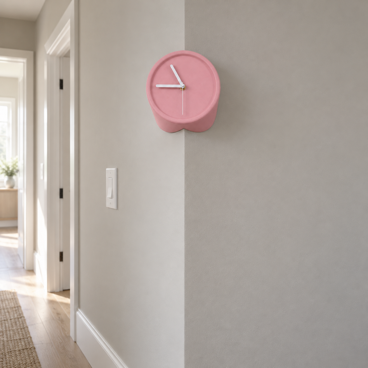 Pink corner wall clock on an outside wall corner in a hallway, white hands
