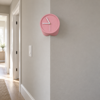 Pink corner wall clock on an outside wall corner in a hallway, white hands