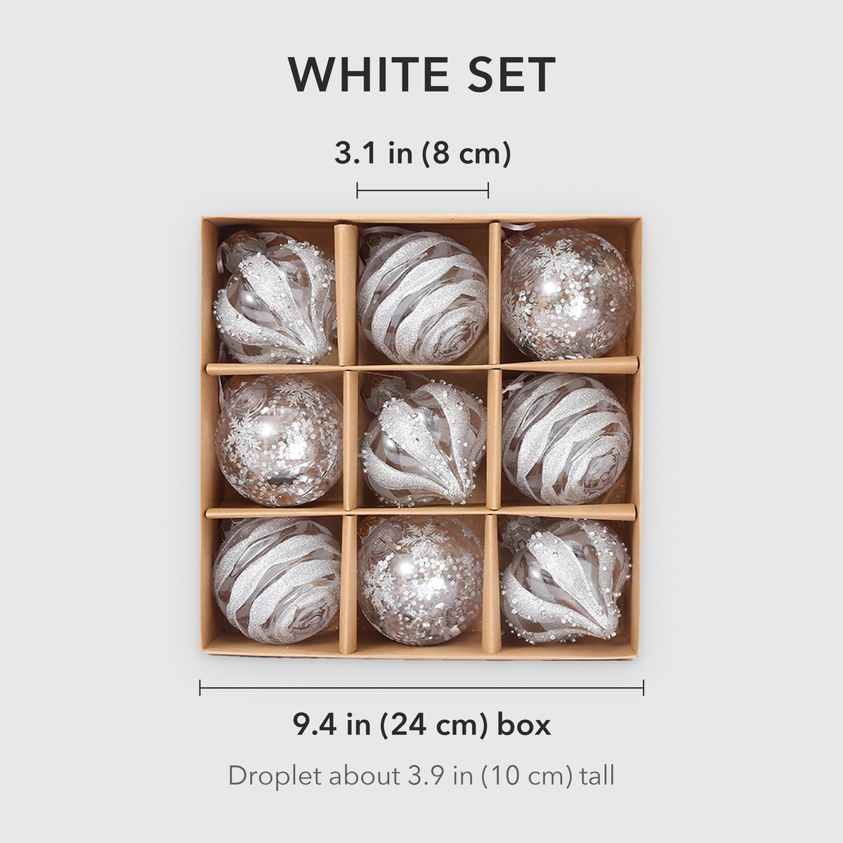 White set dimensions: round baubles 3.1 in (8 cm) across, box 9.4 in (24 cm) wide