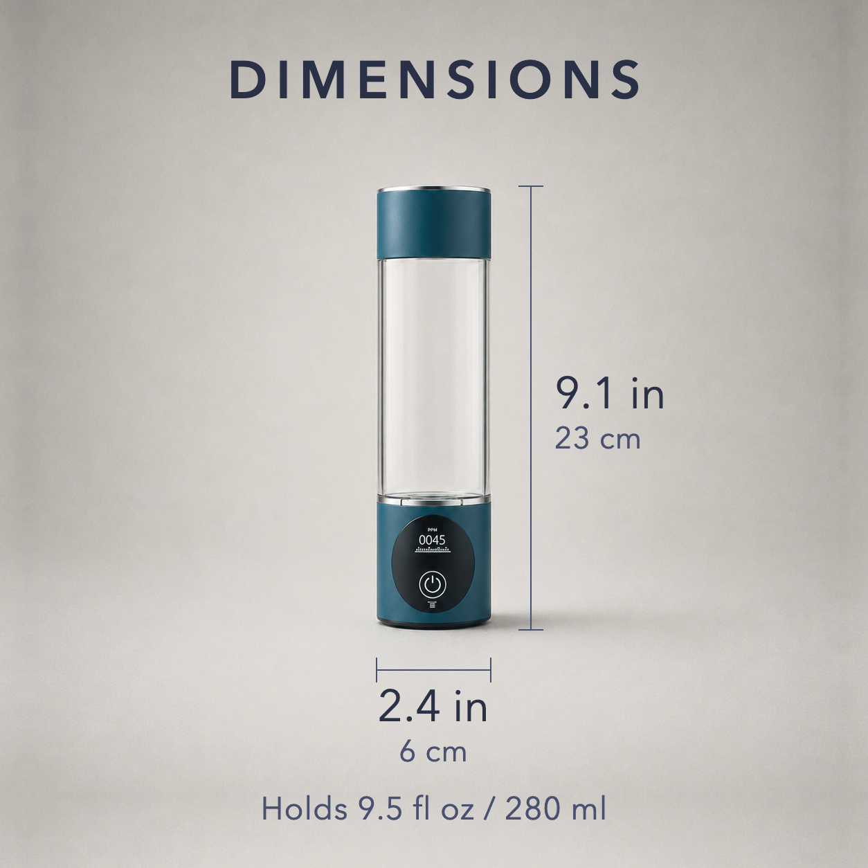 Dimension card: 9.1 in / 23 cm tall and 2.4 in / 6 cm across, holds 9.5 fl oz / 280 ml