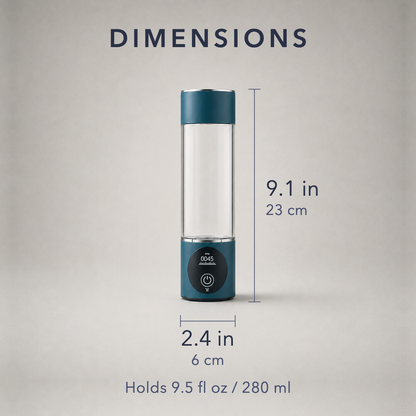 Dimension card: 9.1 in / 23 cm tall and 2.4 in / 6 cm across, holds 9.5 fl oz / 280 ml