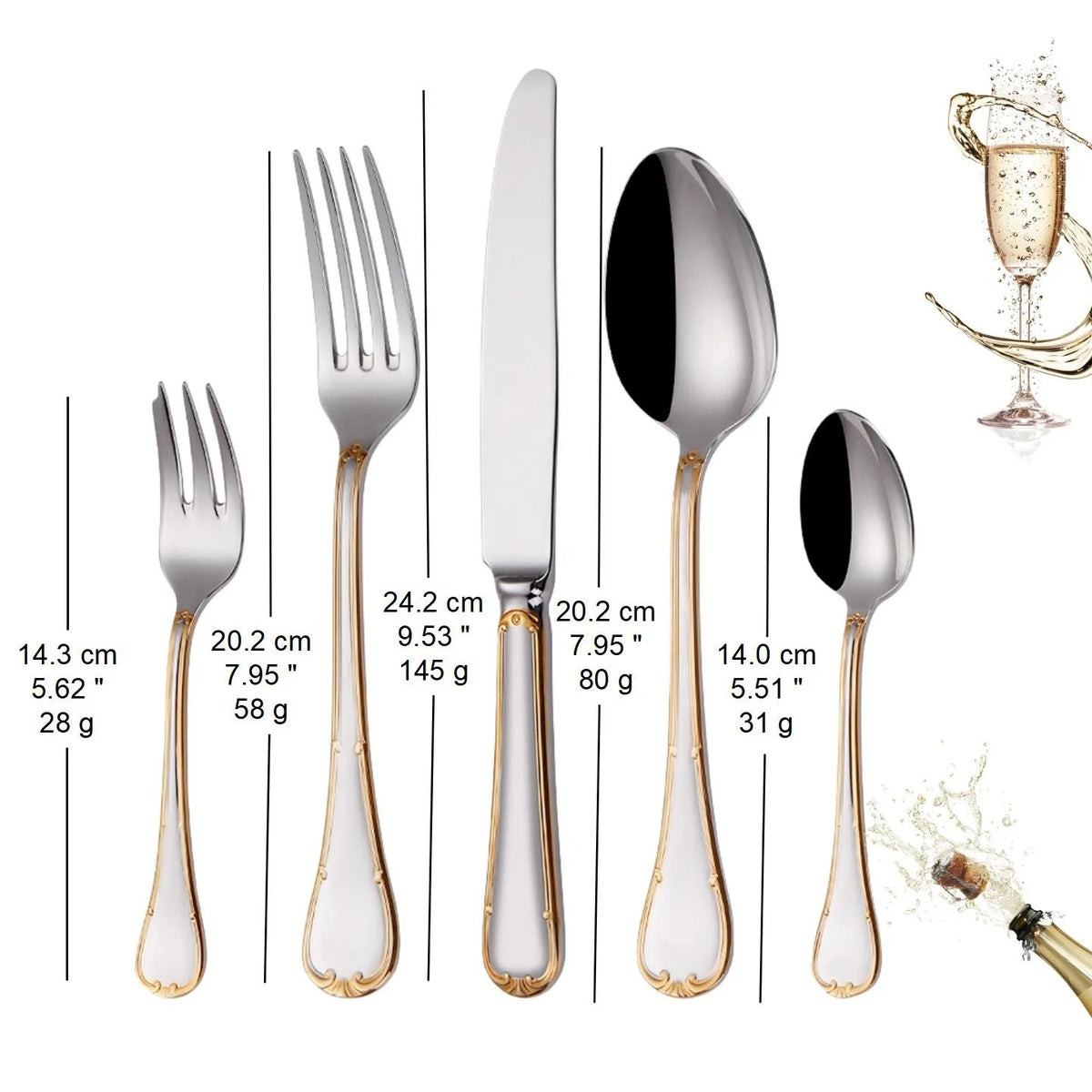 Lengths and weights of each piece: knife 9.53 in, fork and spoon 7.95 in, teaspoon 5.51 in, cake fork 5.62 in
