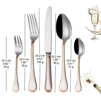 Lengths and weights of each piece: knife 9.53 in, fork and spoon 7.95 in, teaspoon 5.51 in, cake fork 5.62 in