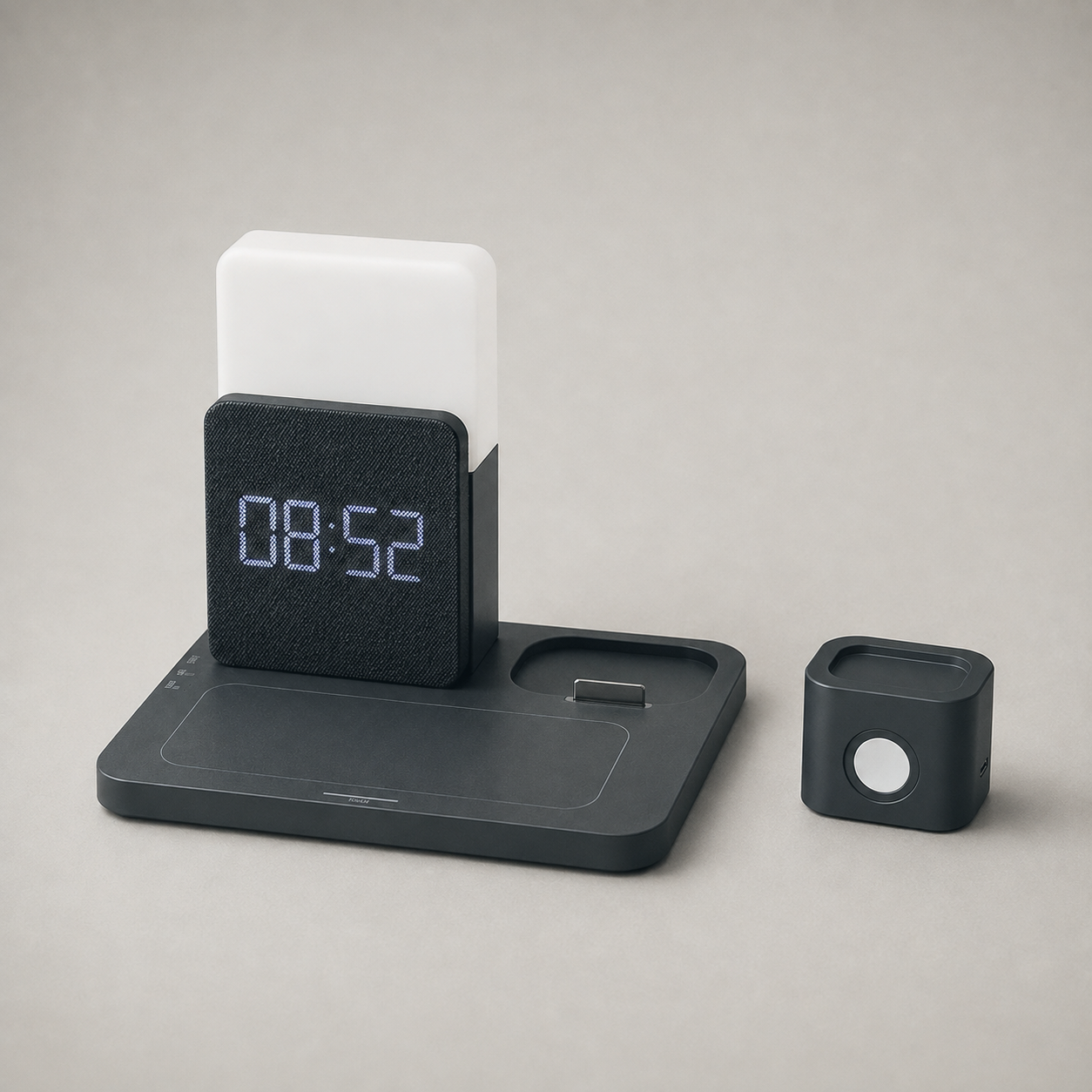 The black charging station with the watch dock lifted off the base and set beside it, empty recess showing