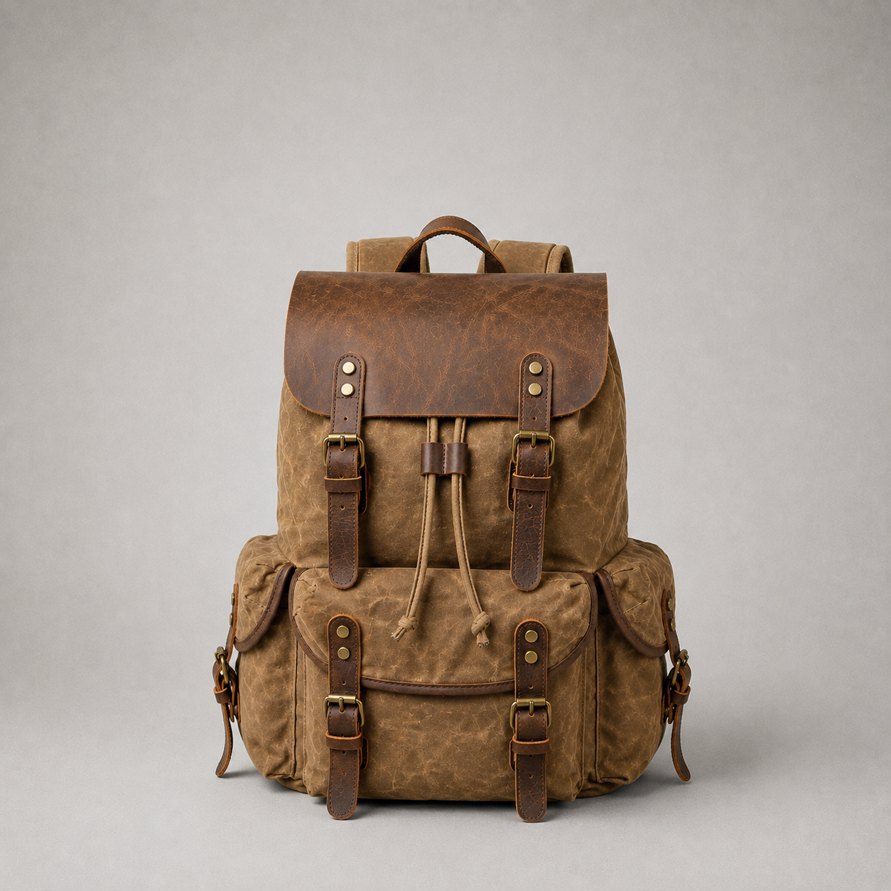 Khaki canvas backpack photographed straight on against a plain grey studio background
