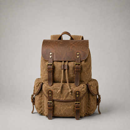 Khaki canvas backpack photographed straight on against a plain grey studio background