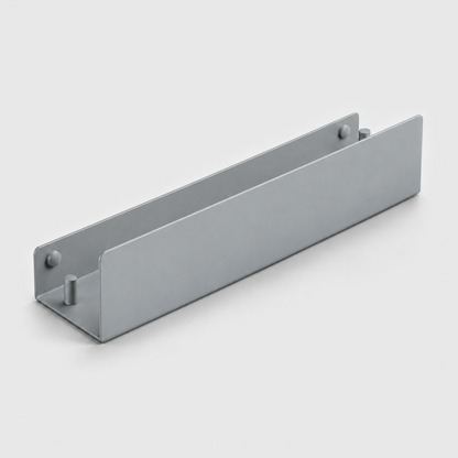 Gray aluminum bathroom shelf with open ends and a hook peg at each end, on a light grey background