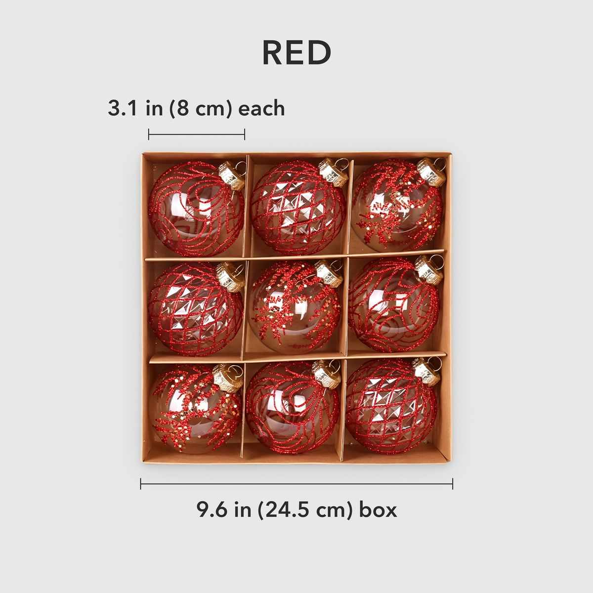Red set dimensions: each bauble 3.1 in (8 cm) across, box of 9 is 9.6 in (24.5 cm) wide