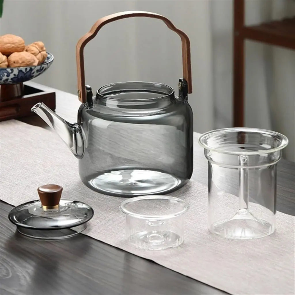 High Borosilicate Glass Brew Teapot Kettle With Wide Wooden Handle - Boiling Water Tea Infuser Kettle