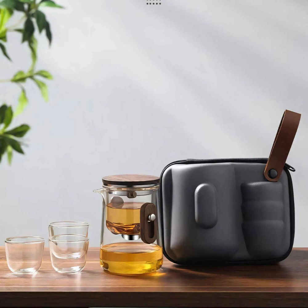 Travel Glass Tea Set, Portable Teapot Kettle With 3 Glass Cups & Travel Case