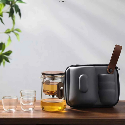Travel Glass Tea Set, Portable Teapot Kettle With 3 Glass Cups & Travel Case
