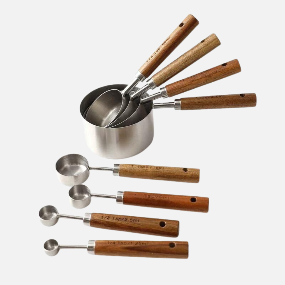 Measuring Spoons Stainless Steel and Wood 8 pcs Utensil Set
