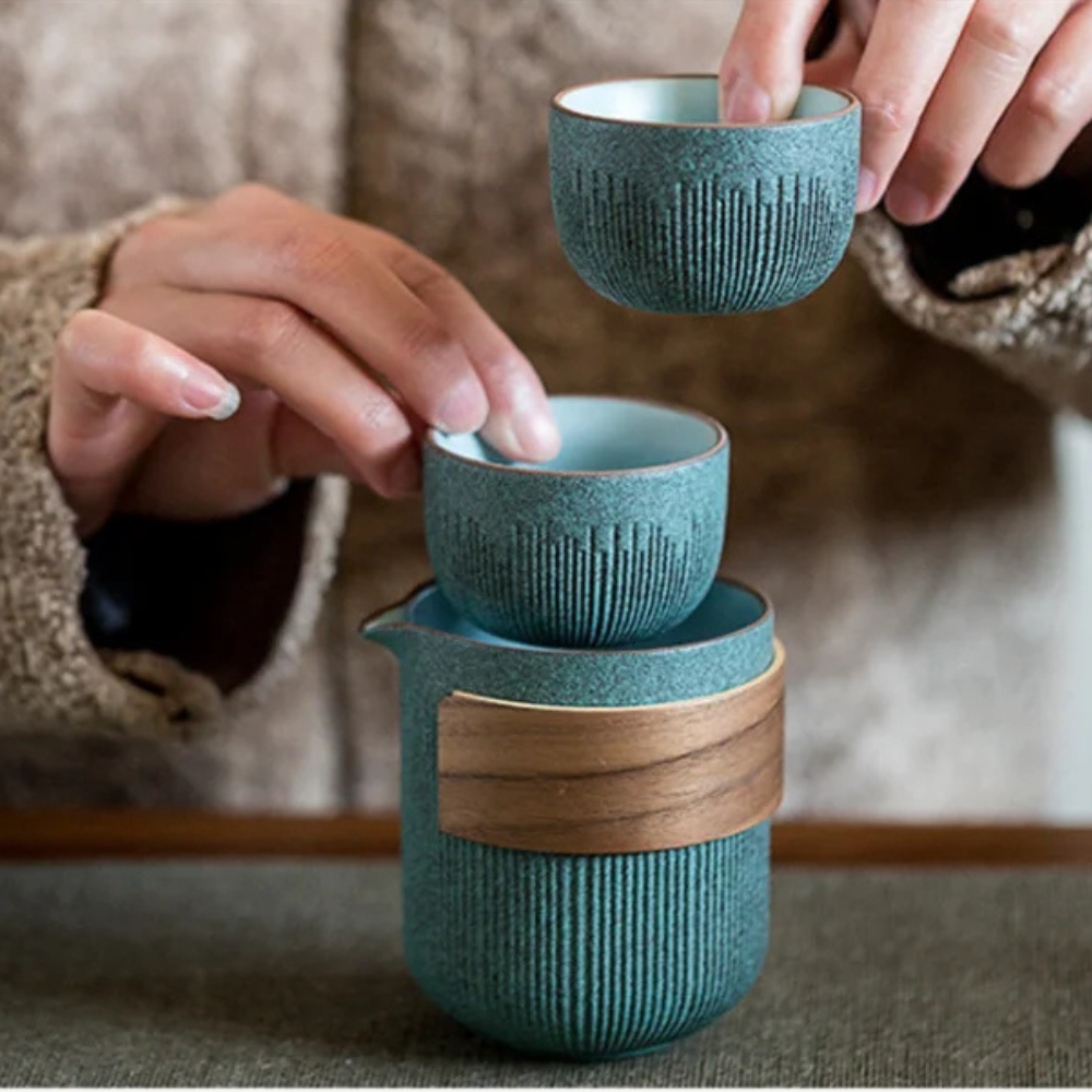 Portable Tea Set For Travel, Bluestone Glazed Style Set