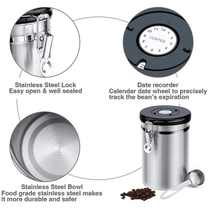 Air Tight Coffee Container with CO2 Valve, Date Tracking Calendar and Scoop