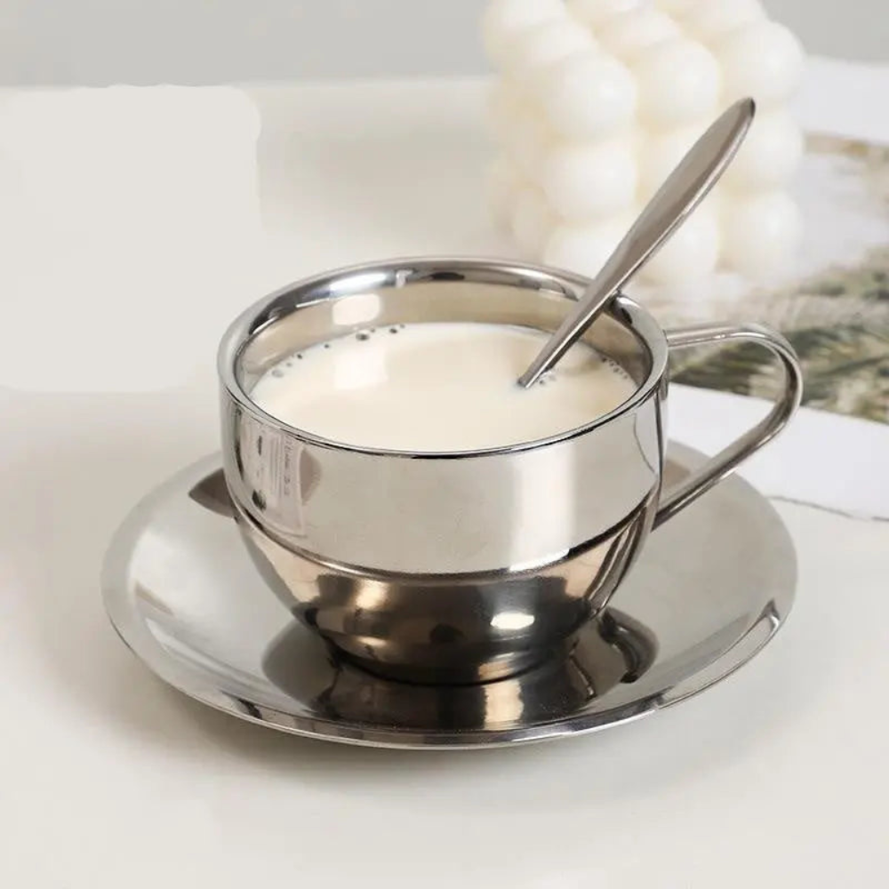 Stainless Steel Coffee Cup With Matching Saucer