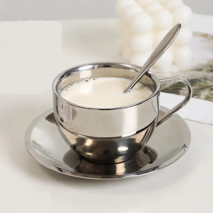 Stainless Steel Coffee Cup With Matching Saucer