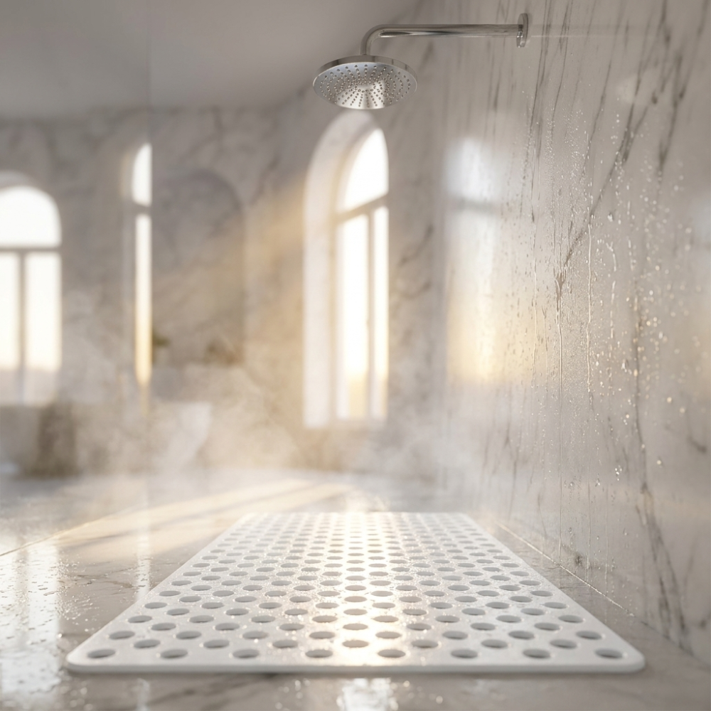 White non slip shower mat with drainage holes on a wet marble shower floor