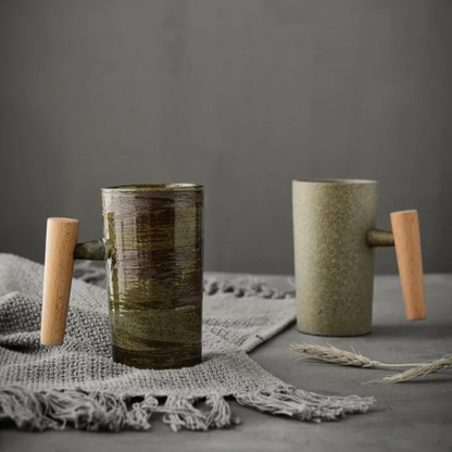 Ceramic Coffee Cup with Natural Wooden Handle - Japanese Style Mug