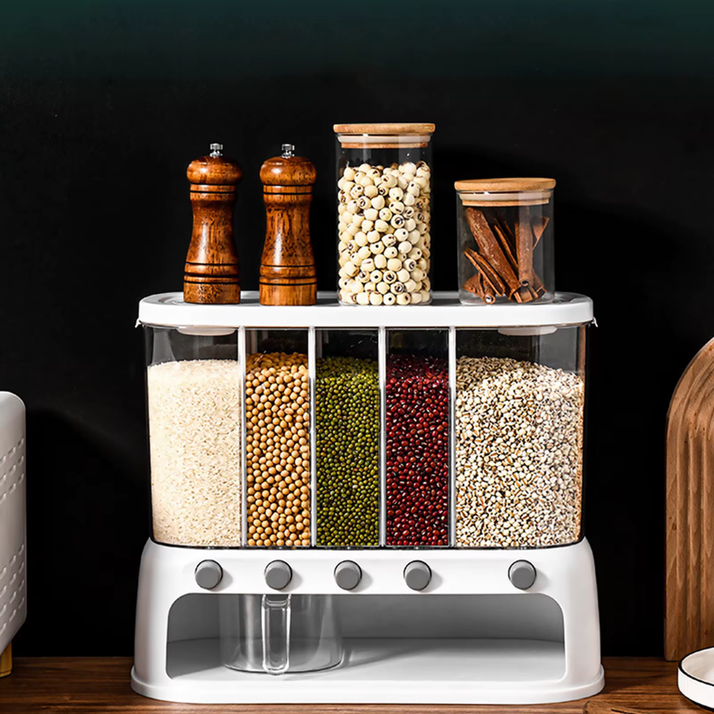 Multi-Compartment Airtight Grain Storage Container, Kitchen Dispenser Pantry Organiser
