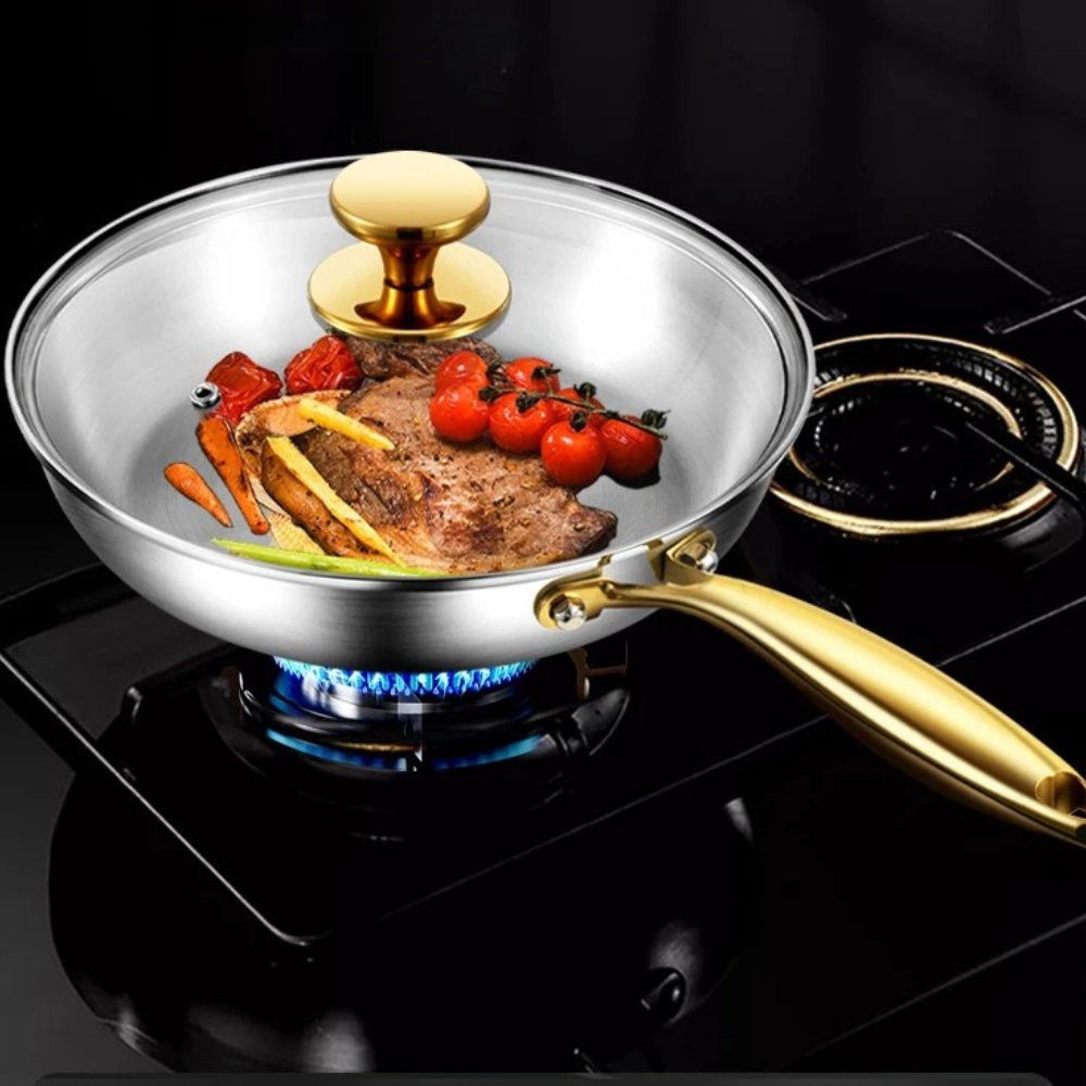 Frying Pan Stainless Steel 316 Multi Cooktop Wok with Glass Lid