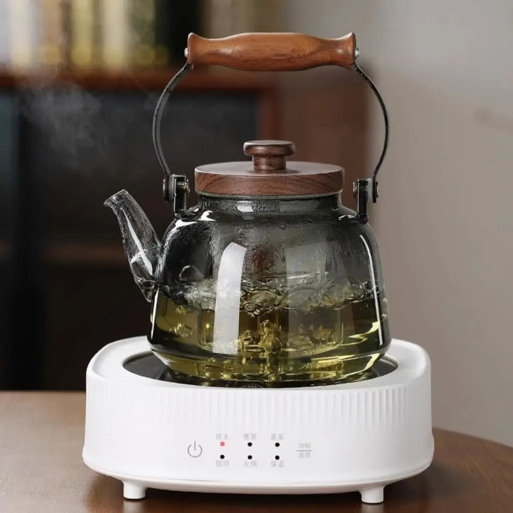 Gray Glass Filtration Teapot, Tea Kettle With Filter, Wooden Handle & Wooden Lid