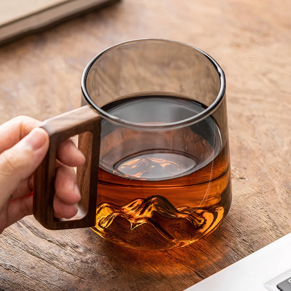 Shadow Glass Tea & Coffee Cup With Rustic Wooden Handle