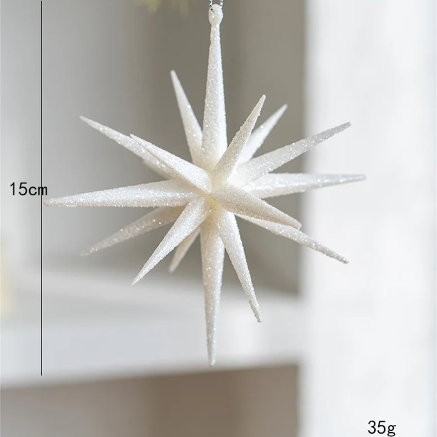 Large white glitter star ornament with an ivory center, 15 cm tall, 35 g