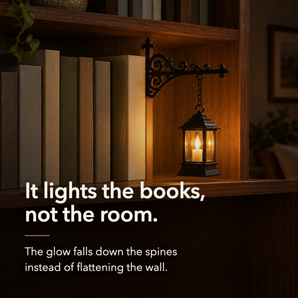 It lights the books, not the room - the lantern's glow falling across the book spines on one shelf