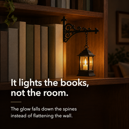 It lights the books, not the room - the lantern's glow falling across the book spines on one shelf