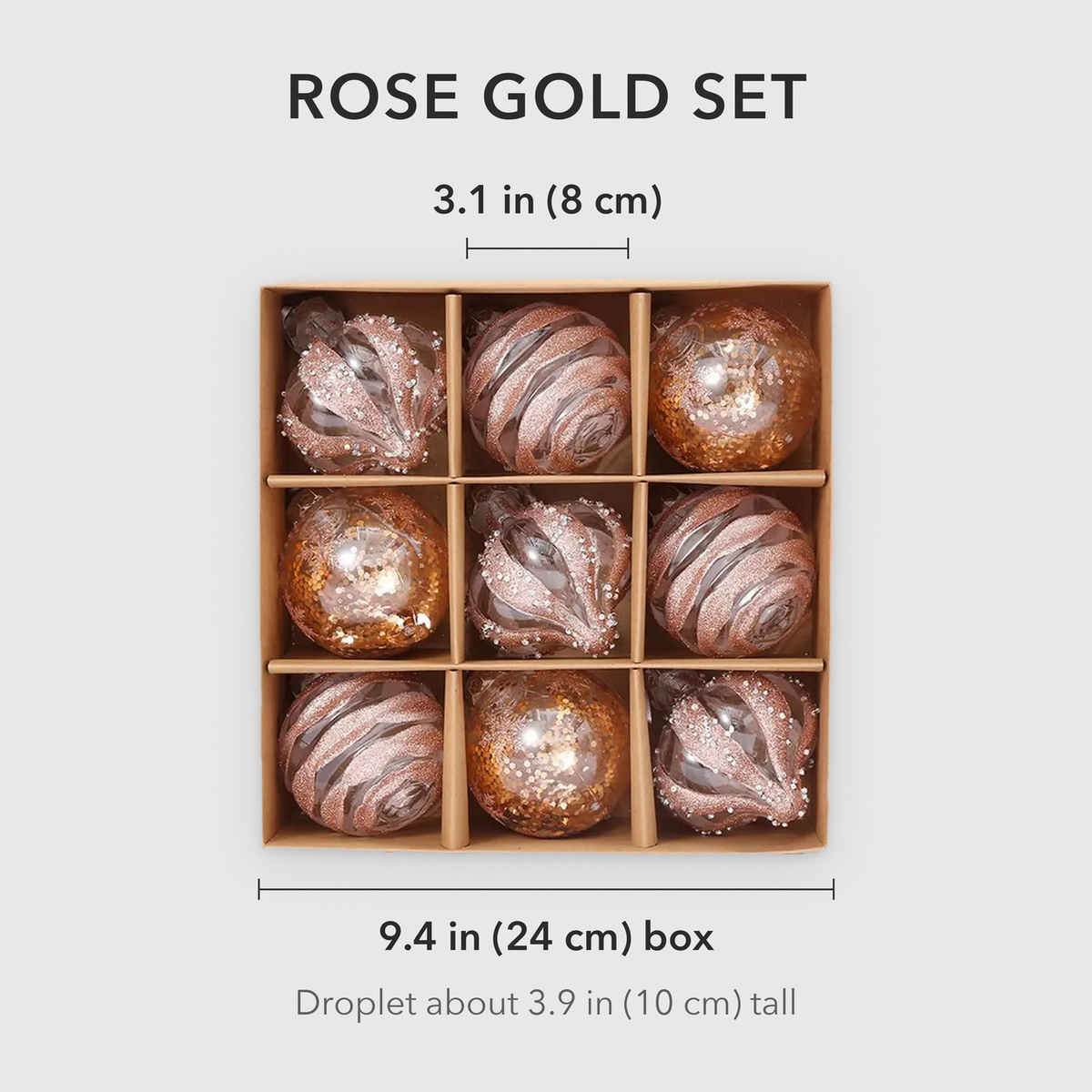 Rose gold set dimensions: round baubles 3.1 in (8 cm) across, box 9.4 in (24 cm) wide