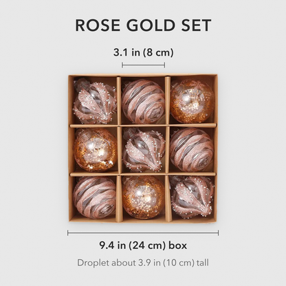 Rose gold set dimensions: round baubles 3.1 in (8 cm) across, box 9.4 in (24 cm) wide