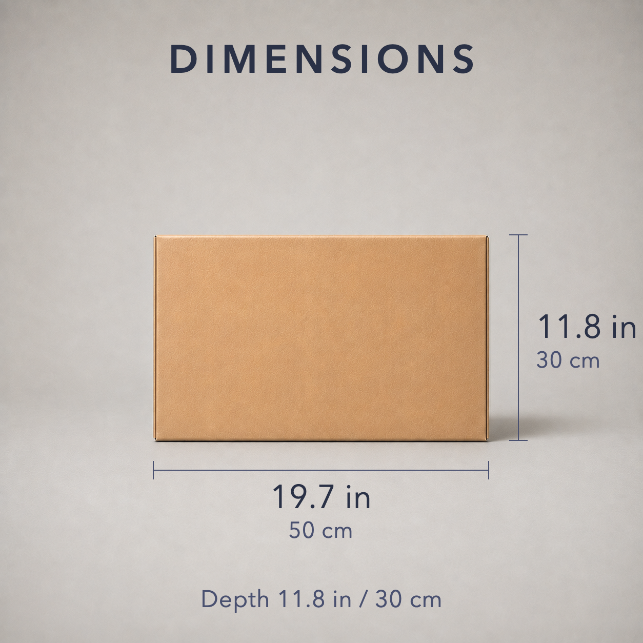 Dimension card for the cardboard moving box, showing 19.7 inches by 11.8 inches with a depth of 11.8 inches