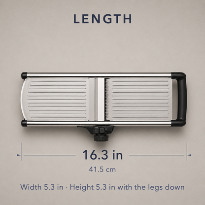 Dimension diagram of the mandoline seen from above, measured at 16.3 inches or 41.5 centimetres in length, with width 5.3 inches and height 5.3 inches with the legs down noted underneath