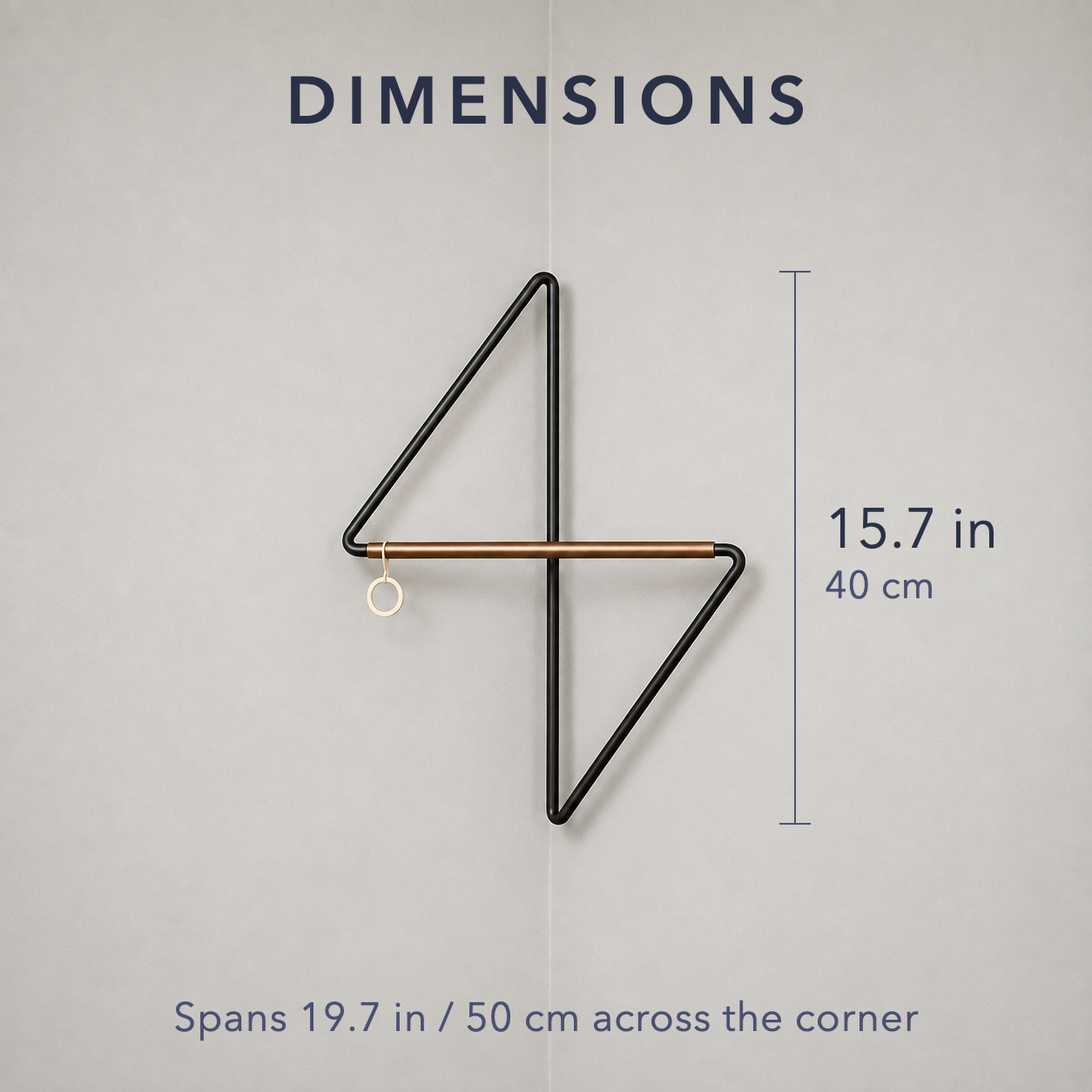 Dimension diagram of the corner coat rack titled Dimensions, showing a height of 15.7 in / 40 cm, with a note that it spans 19.7 in / 50 cm across the corner.