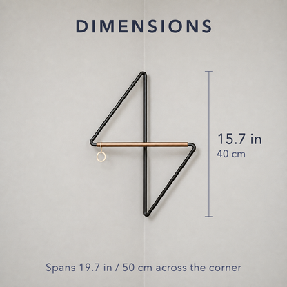 Dimension diagram of the corner coat rack titled Dimensions, showing a height of 15.7 in / 40 cm, with a note that it spans 19.7 in / 50 cm across the corner.