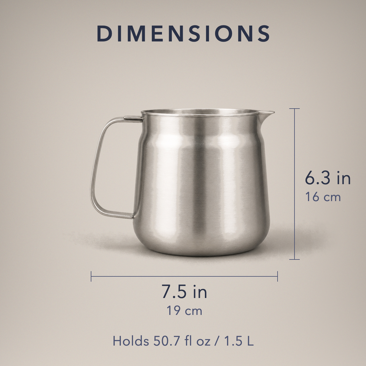 Dimension card: 7.5 in / 19 cm wide, 6.3 in / 16 cm tall, holds 50.7 fl oz / 1.5 L