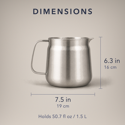 Dimension card: 7.5 in / 19 cm wide, 6.3 in / 16 cm tall, holds 50.7 fl oz / 1.5 L