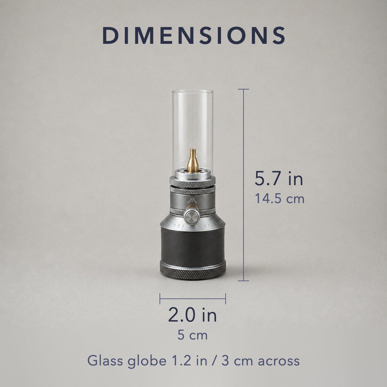 Dimensions: height 5.7 in / 14.5 cm, width 2.0 in / 5 cm, glass globe 1.2 in / 3 cm across