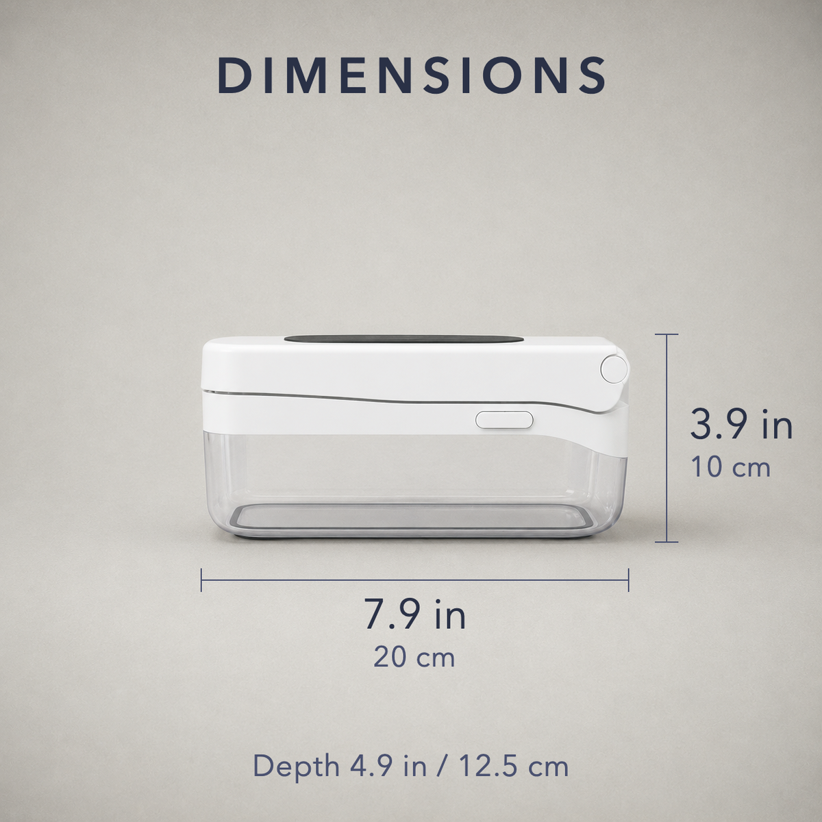 Dimension diagram of the closed vegetable chopper: 7.9 in / 20 cm wide, 3.9 in / 10 cm high, with a note reading depth 4.9 in / 12.5 cm.