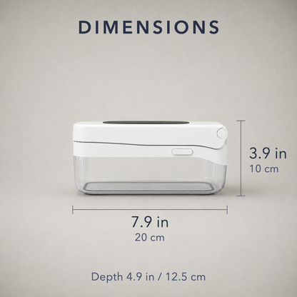 Dimension diagram of the closed vegetable chopper: 7.9 in / 20 cm wide, 3.9 in / 10 cm high, with a note reading depth 4.9 in / 12.5 cm.