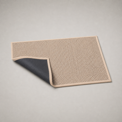 Underside of the beige woven kitchen rug with one corner turned back to show the near-black rubber backing
