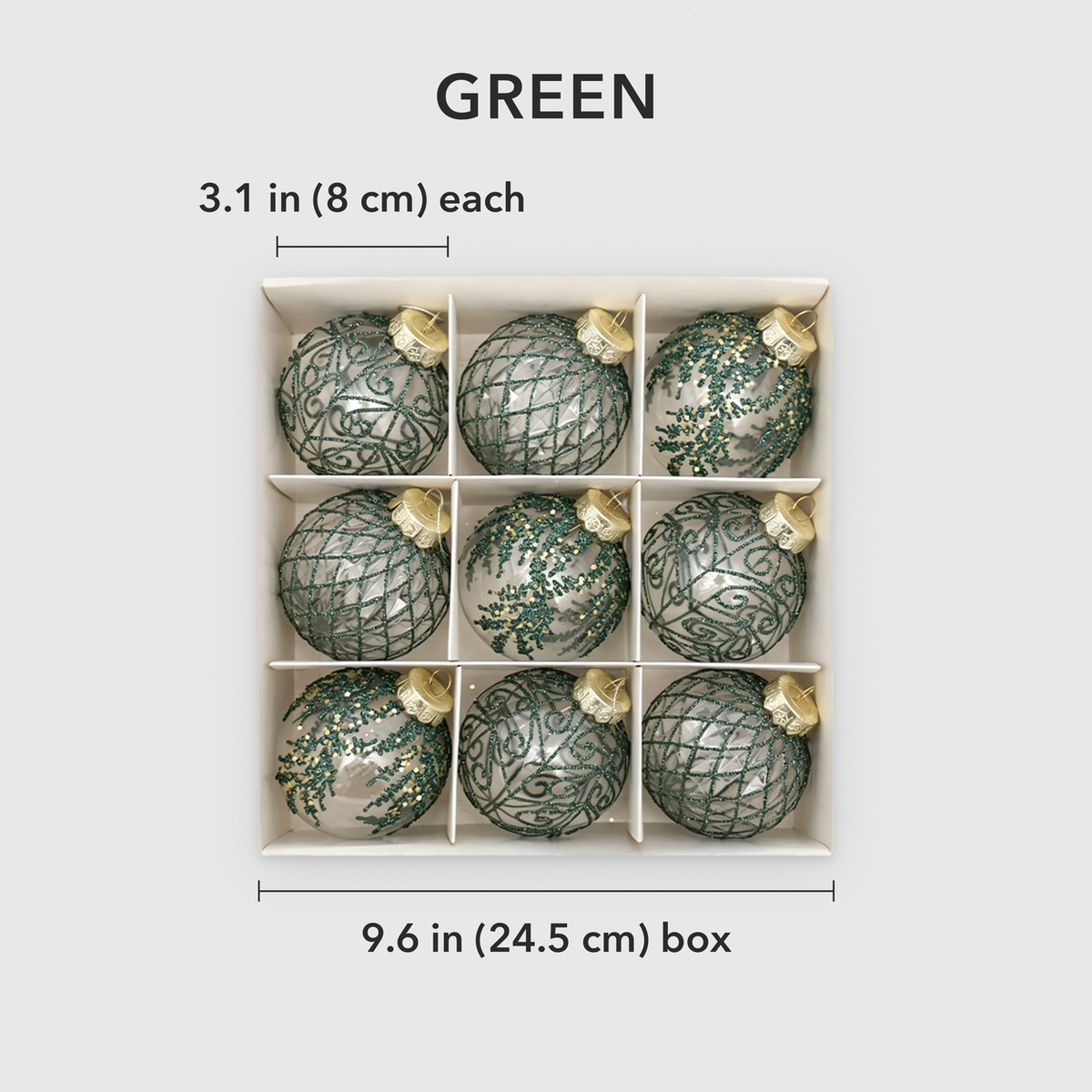 Green set dimensions: each bauble 3.1 in (8 cm) across, box of 9 is 9.6 in (24.5 cm) wide