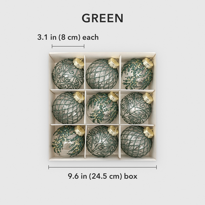 Green set dimensions: each bauble 3.1 in (8 cm) across, box of 9 is 9.6 in (24.5 cm) wide