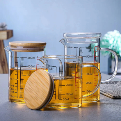 High Borosilicate Glass Measuring Cup, Cooking Measuring Cup - Glass Cups with Lid, Glass Lid and Bamboo Lid