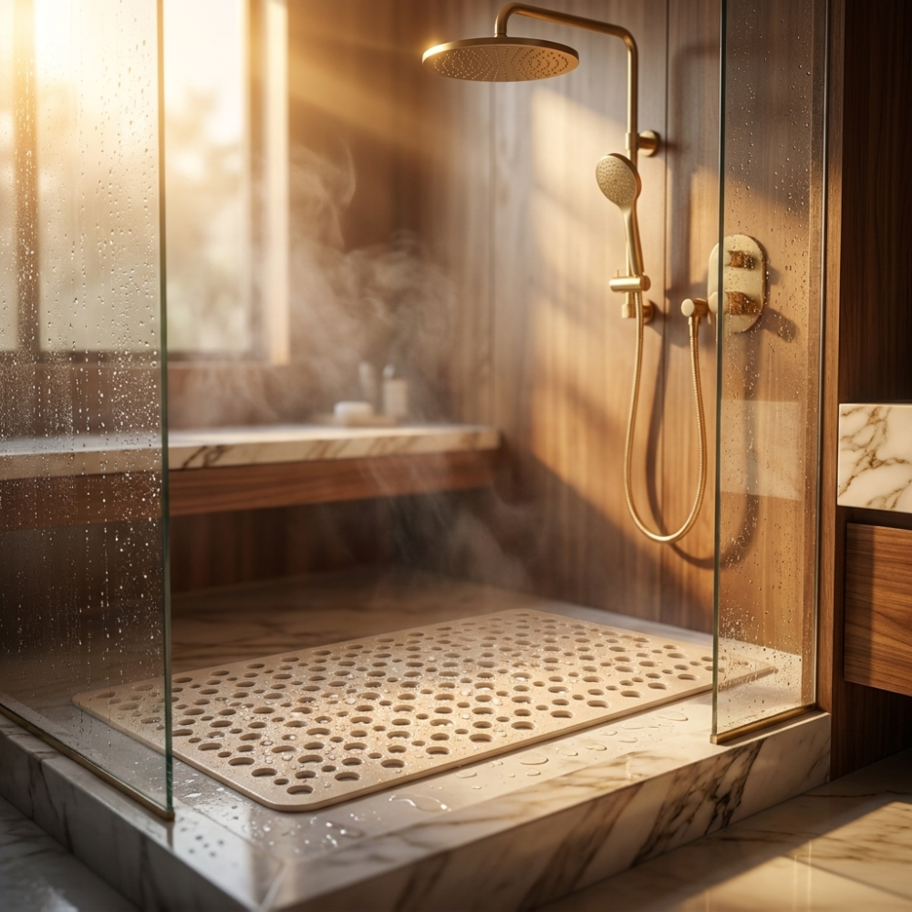 Beige shower mat with drainage holes on a marble shower tray in a warm wood and brass bathroom