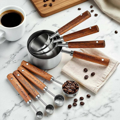 Measuring Spoons Stainless Steel and Wood 8 pcs Utensil Set