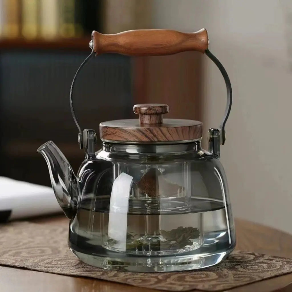 Gray Glass Filtration Teapot, Tea Kettle With Filter, Wooden Handle & Wooden Lid