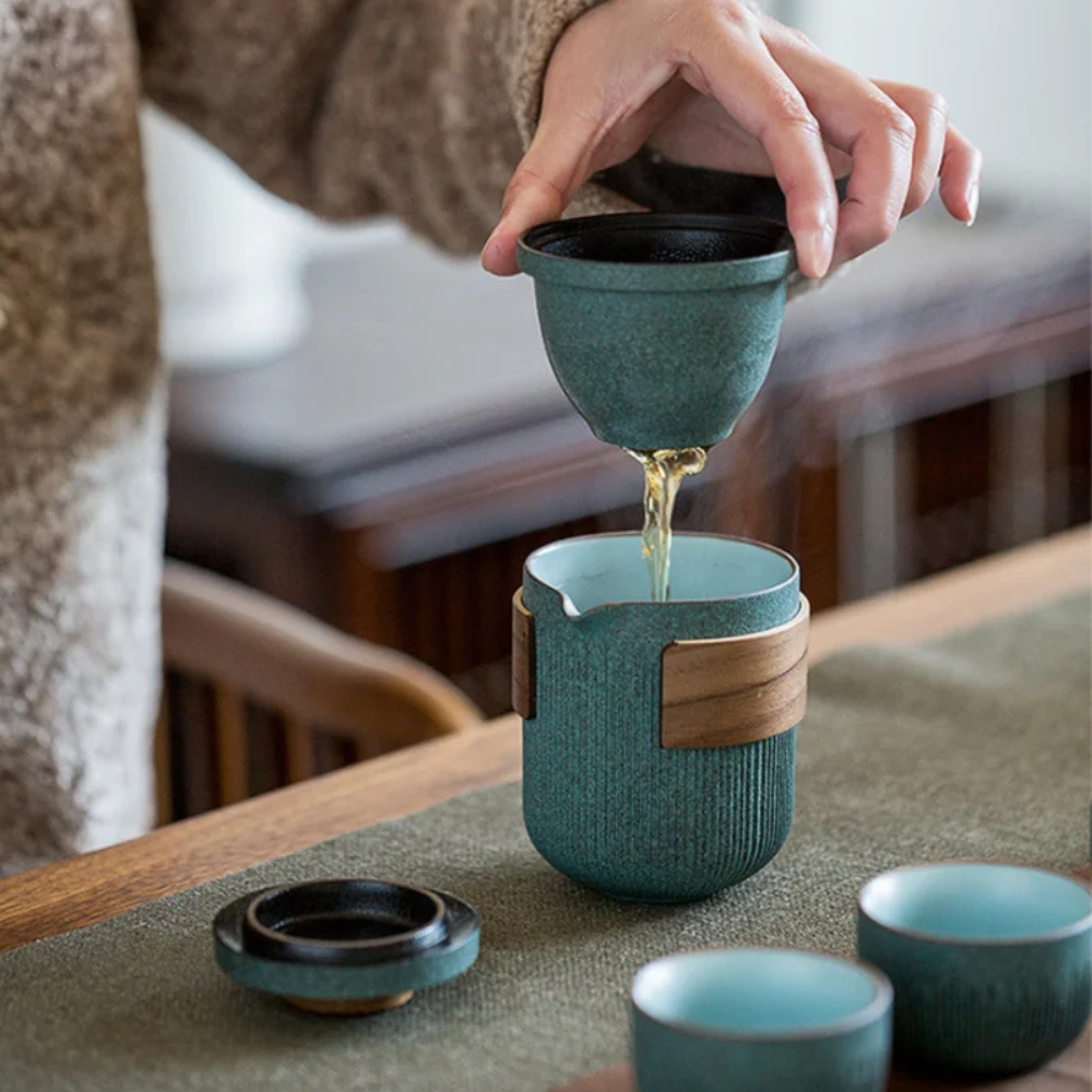 Portable Tea Set For Travel, Bluestone Glazed Style Set