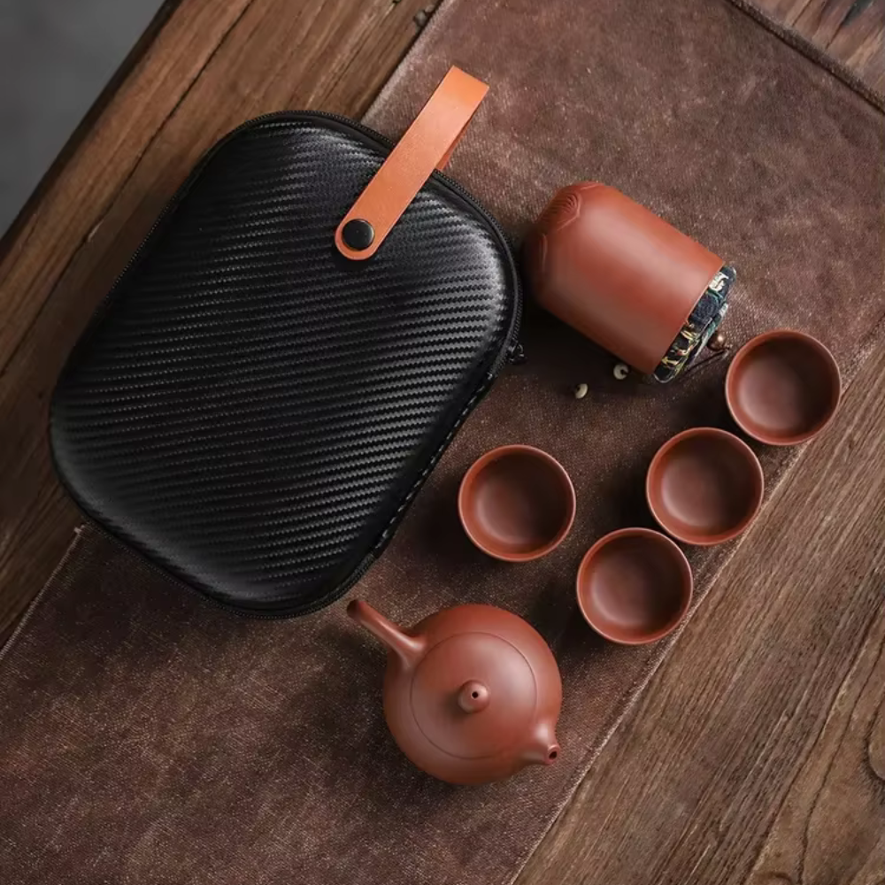 Clay Travel Tea Set With Portable Travel Case - 4 Cups, Tea Jar, Teapot