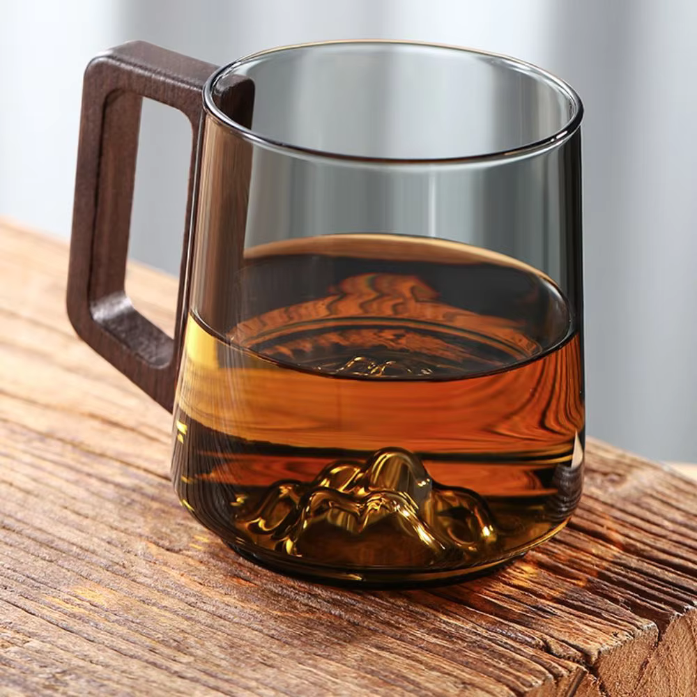 Shadow Glass Tea & Coffee Cup With Rustic Wooden Handle